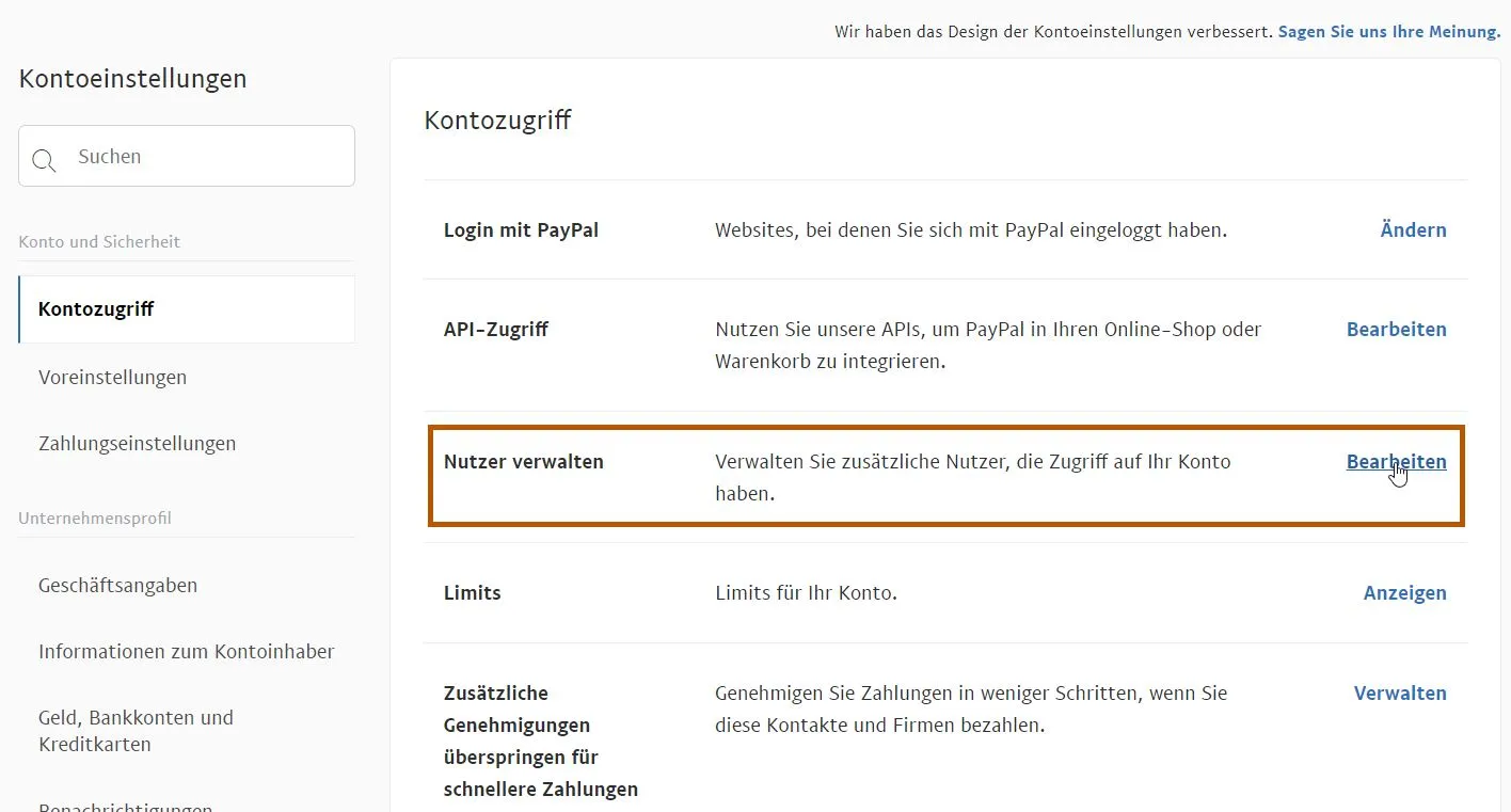 PayPal Nutzerverwaltung öffnen