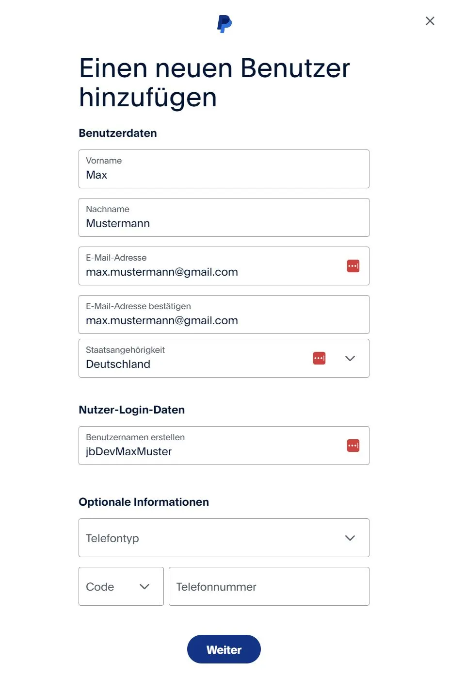PayPal Nutzerdaten eintragen