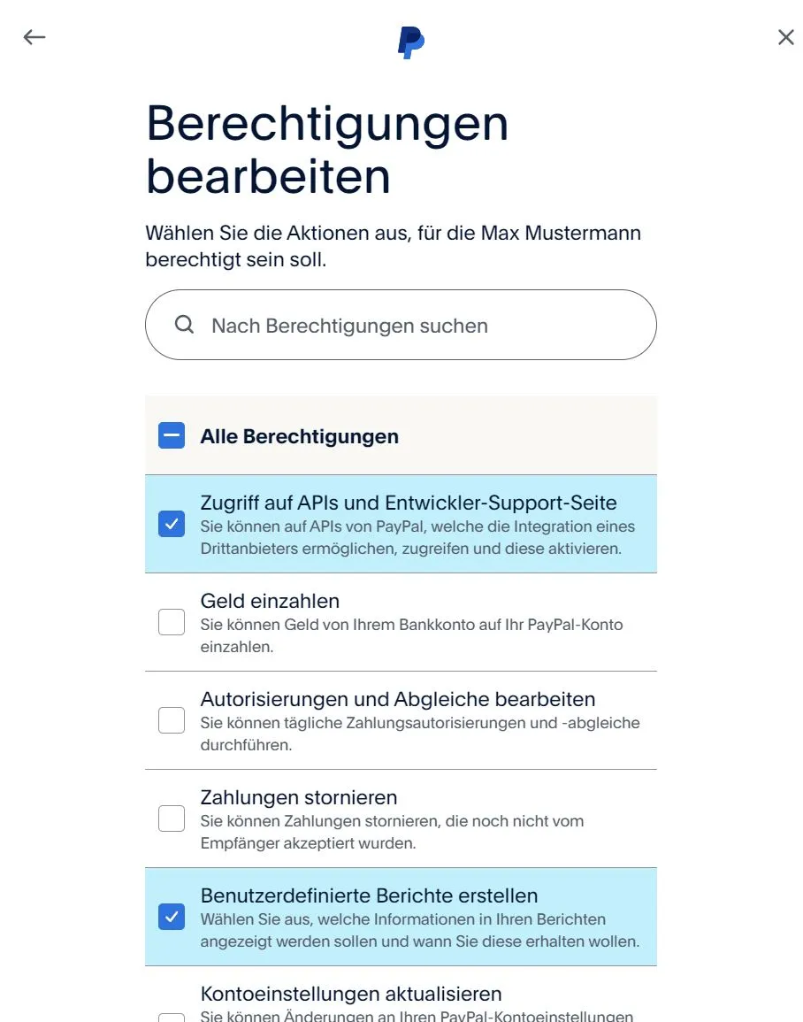 PayPal Berechtigungen festlegen